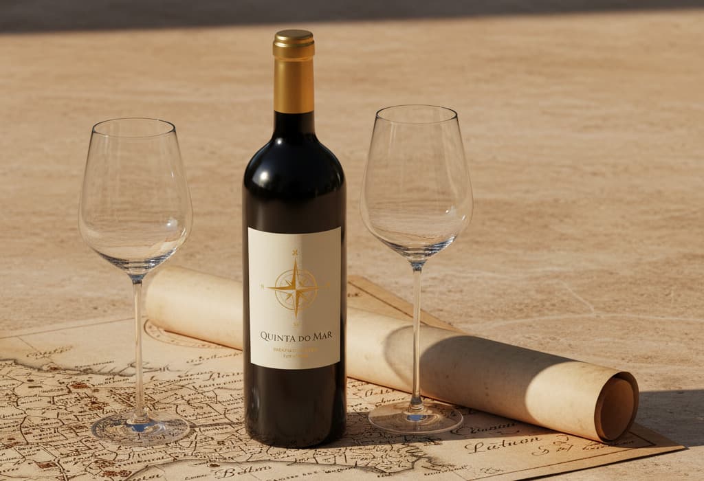 A minimalist, luxury still life: a bottle of premium Portuguese wine, two elegant glasses, and a vintage map of Lisbon on a warm limestone table. Bathed in soft, golden Mediterranean afternoon light. Editorial photography, warm tones, high-end lifestyle vibe.